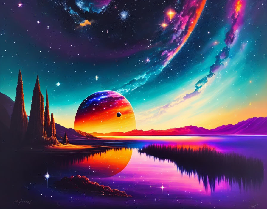 Colorful cosmic landscape with rising planet over lake and silhouetted trees