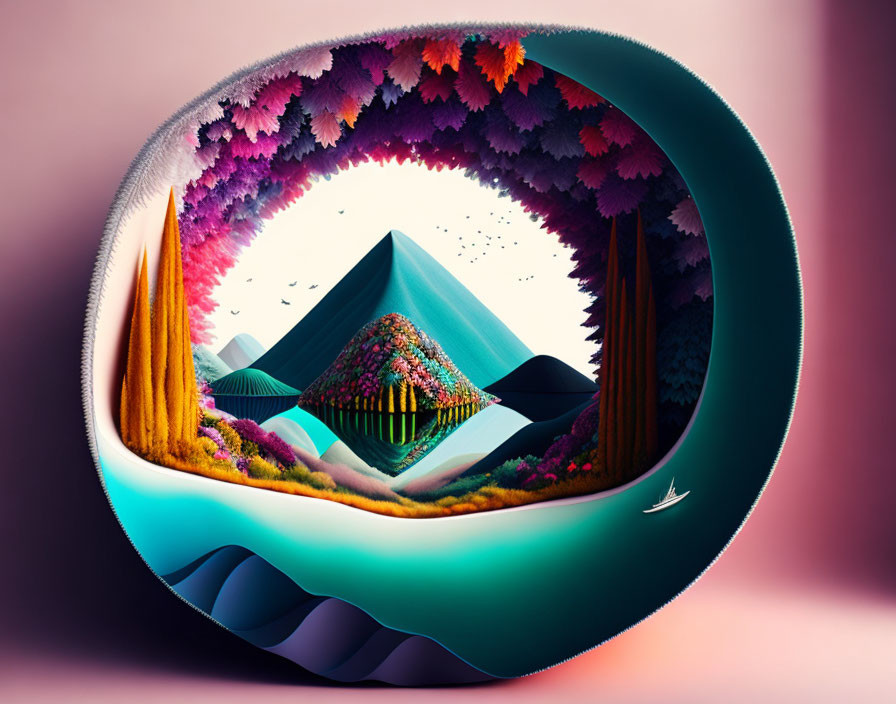 Colorful Layered Landscapes in Oval Frame: Surreal Digital Art