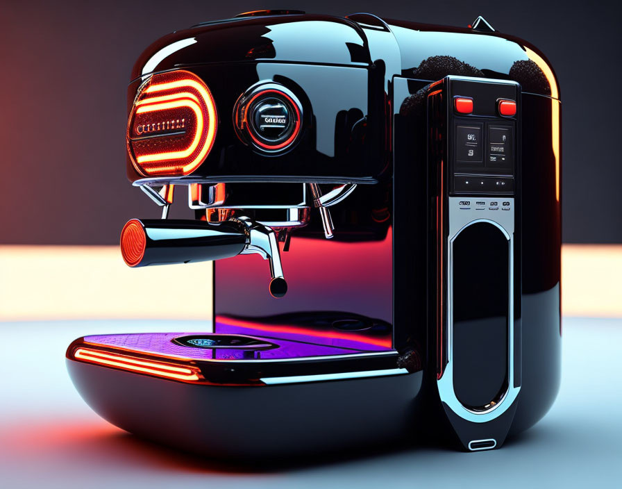 Modern Espresso Machine with Red Neon Lights on Reflective Black Surface