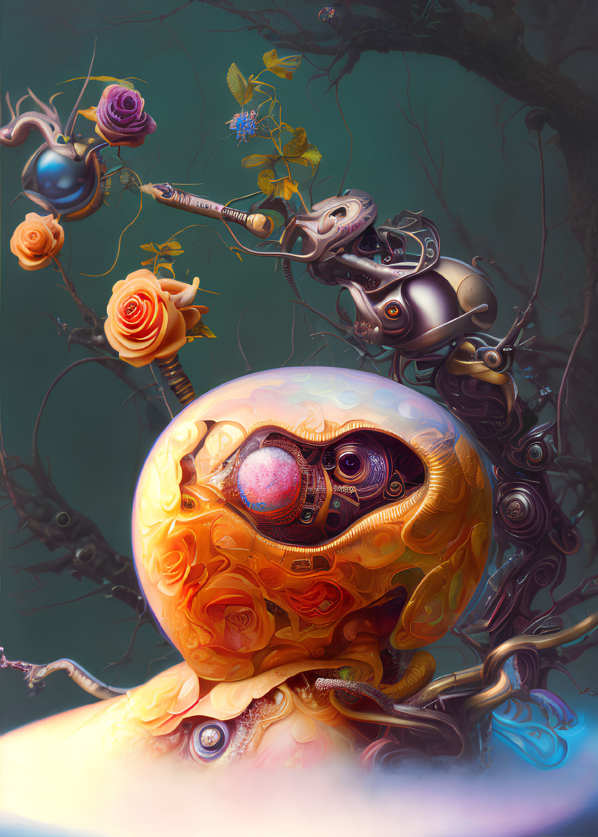 Colorful surreal illustration: robotic arm, vibrant flowers, skull with exposed eye