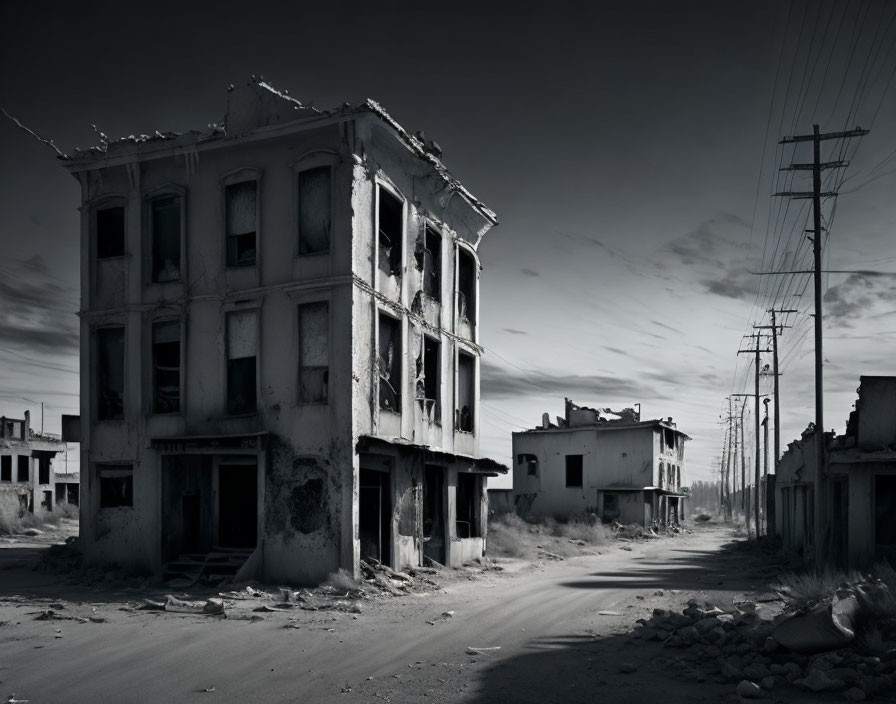 Desolate abandoned street with dilapidated buildings