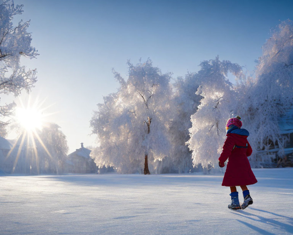 Child in Red Coat Walking on Snowy Landscape with Sun Rays