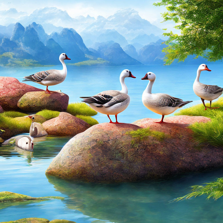 Five Geese on Rocks by Serene Lake with Mountains and Green Foliage