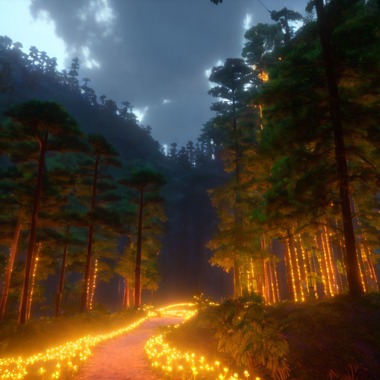 Enchanting forest path with warm glowing lights and pine trees