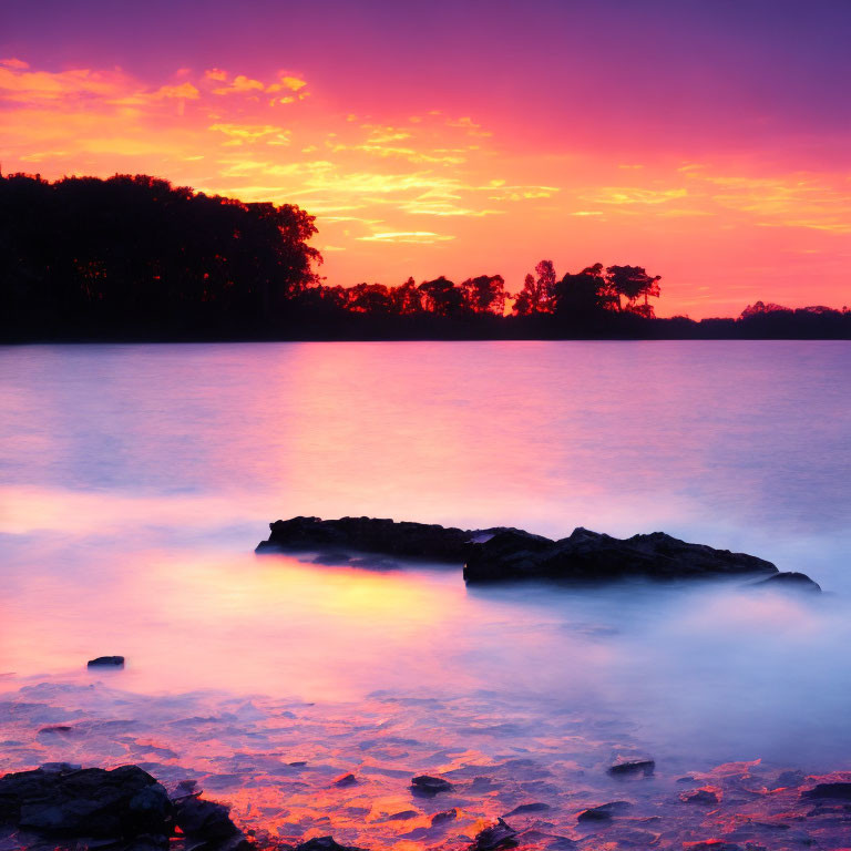 Colorful sunset over lake with tree silhouettes and rocks.