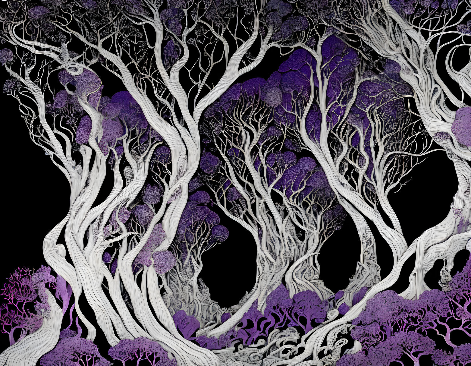 Detailed Monochrome Forest Illustration with Purple Foliage