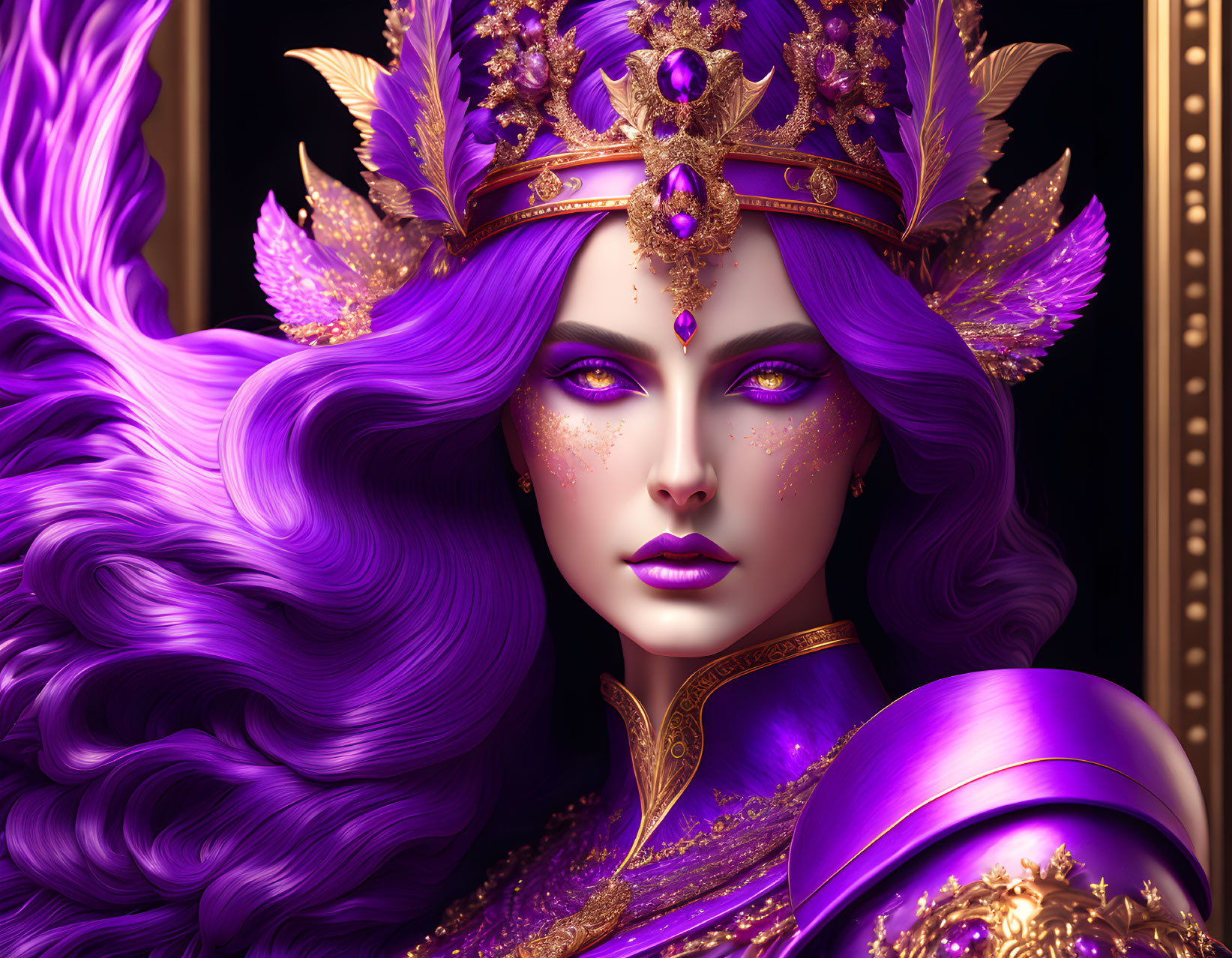 Digital Art: Woman with Purple Hair and Regal Attire