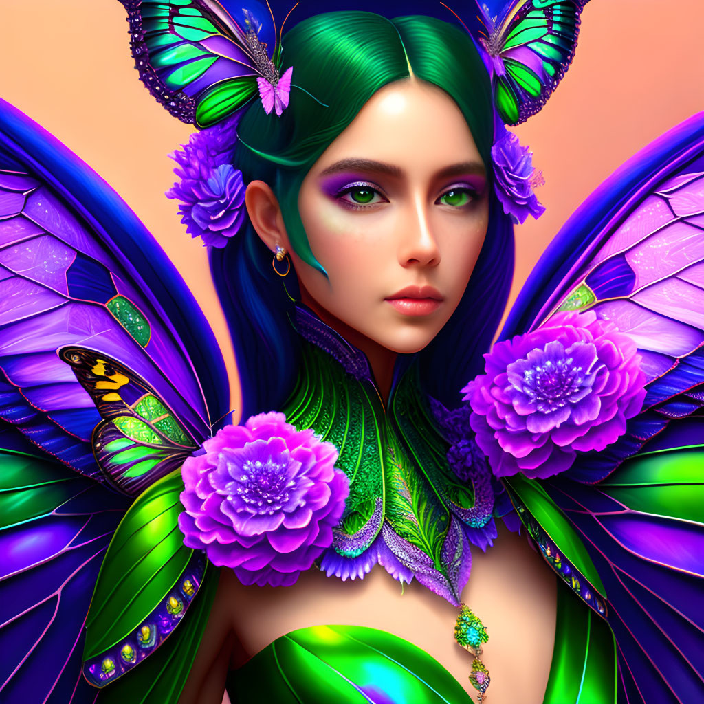 Colorful woman with green hair and purple butterfly wings in floral setting