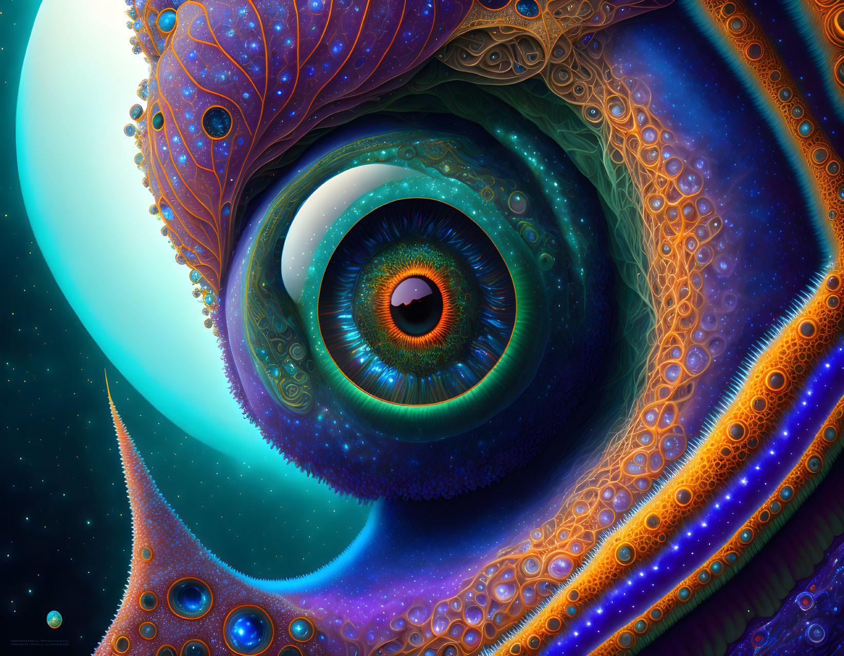 Colorful eye surrounded by abstract patterns in blue and orange on space-themed background