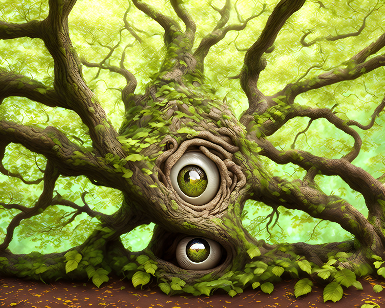 Whimsical tree with face and large eyes in vibrant green foliage