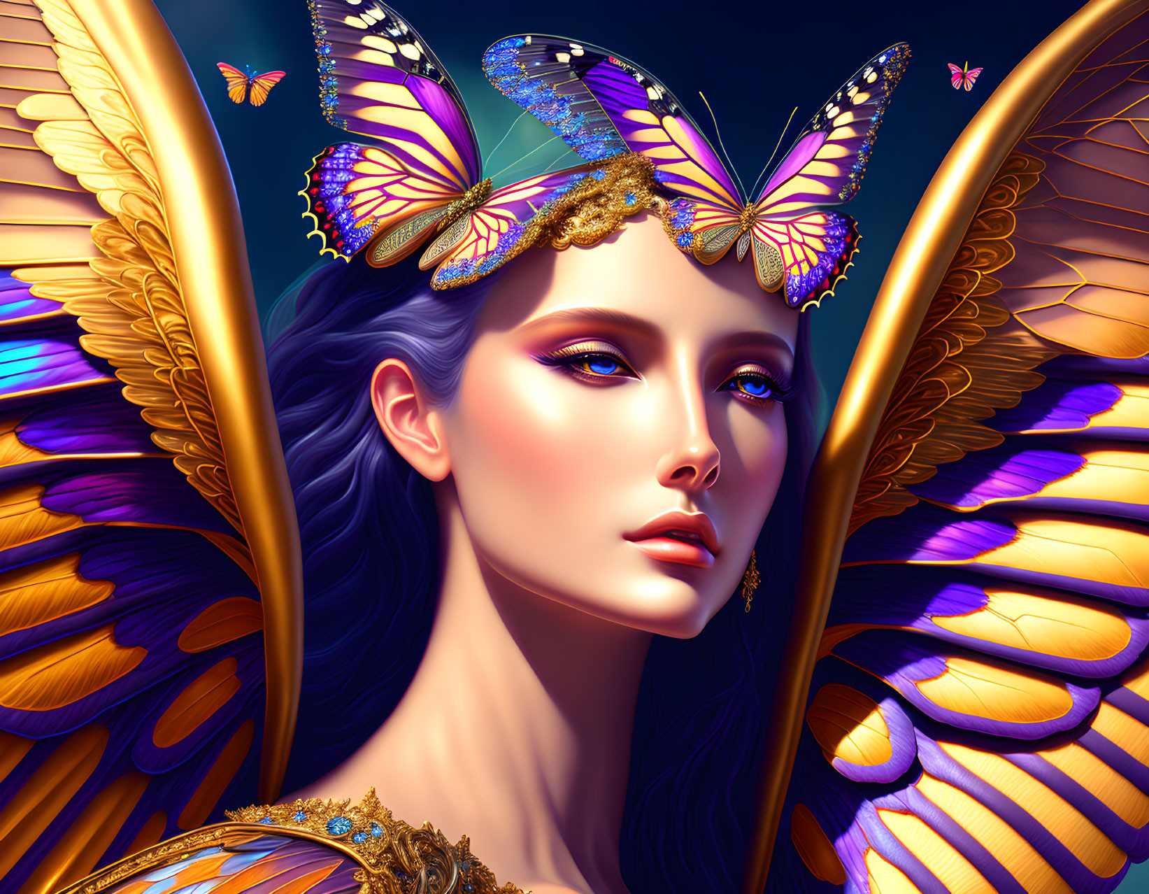 Illustrated woman with golden butterfly wings and monarch butterflies in hair on blue background