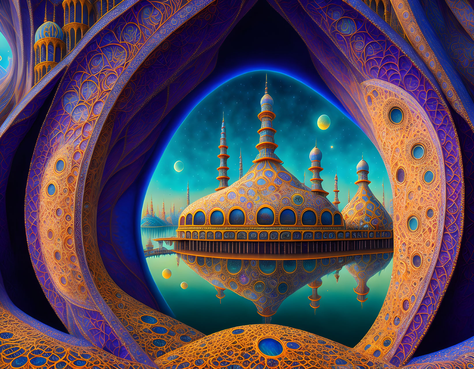 Surreal artwork of vibrant mosque under starry night