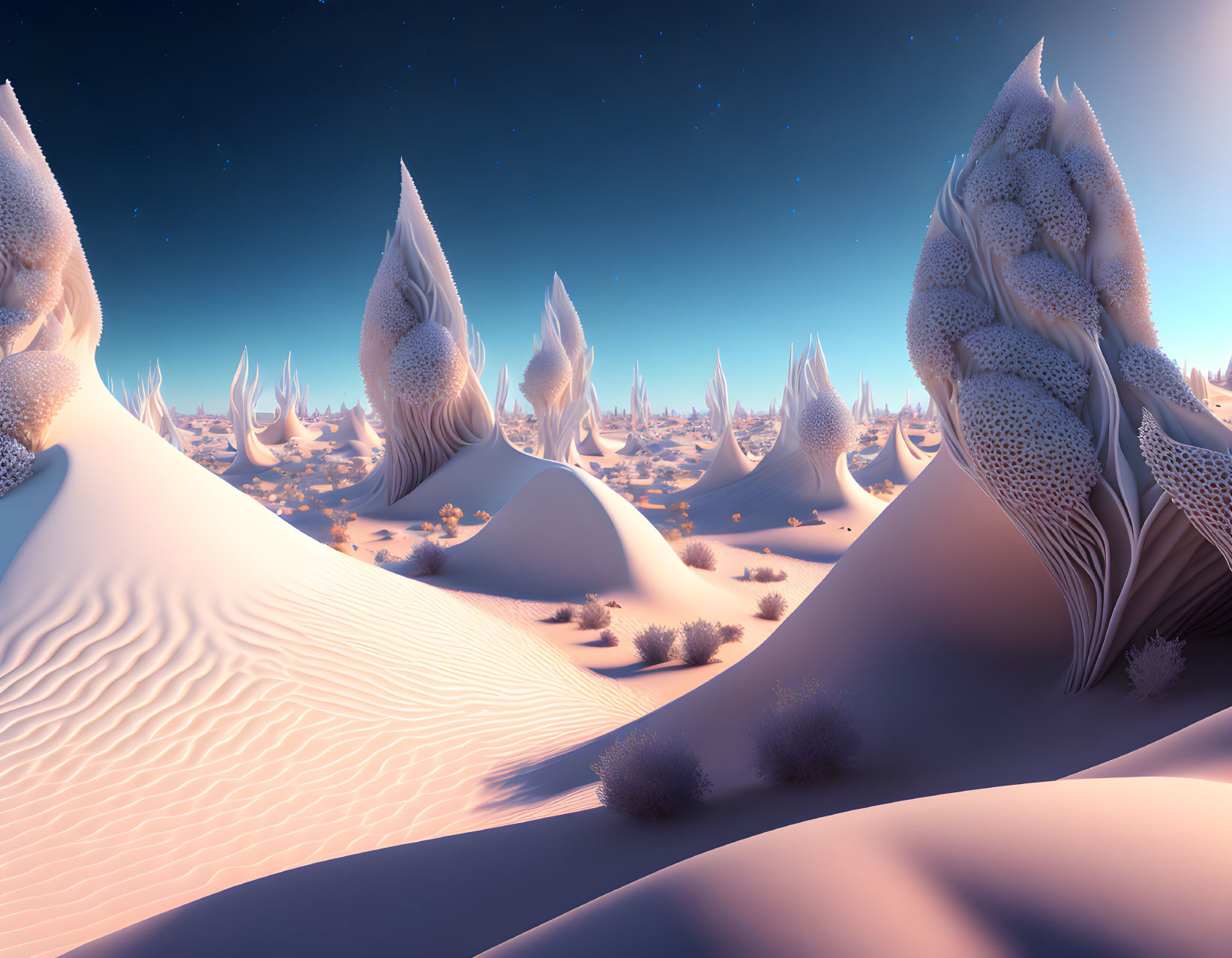 Surreal landscape with sand dunes, starry sky, and organic coral-like shapes under fading