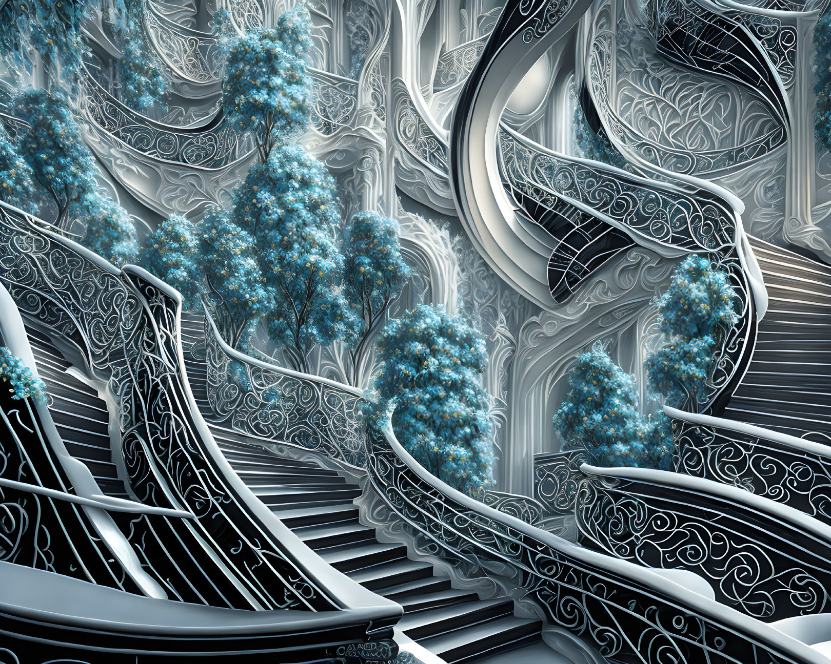 Fractal image of surreal staircases, arches, and blue-toned trees