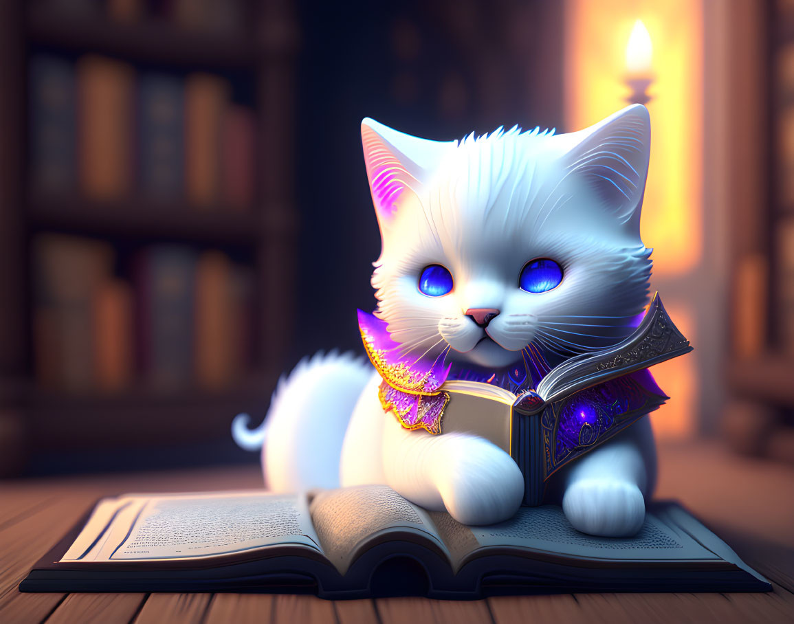 White Fluffy Cat with Glowing Blue Eyes on Open Book by Candlelight