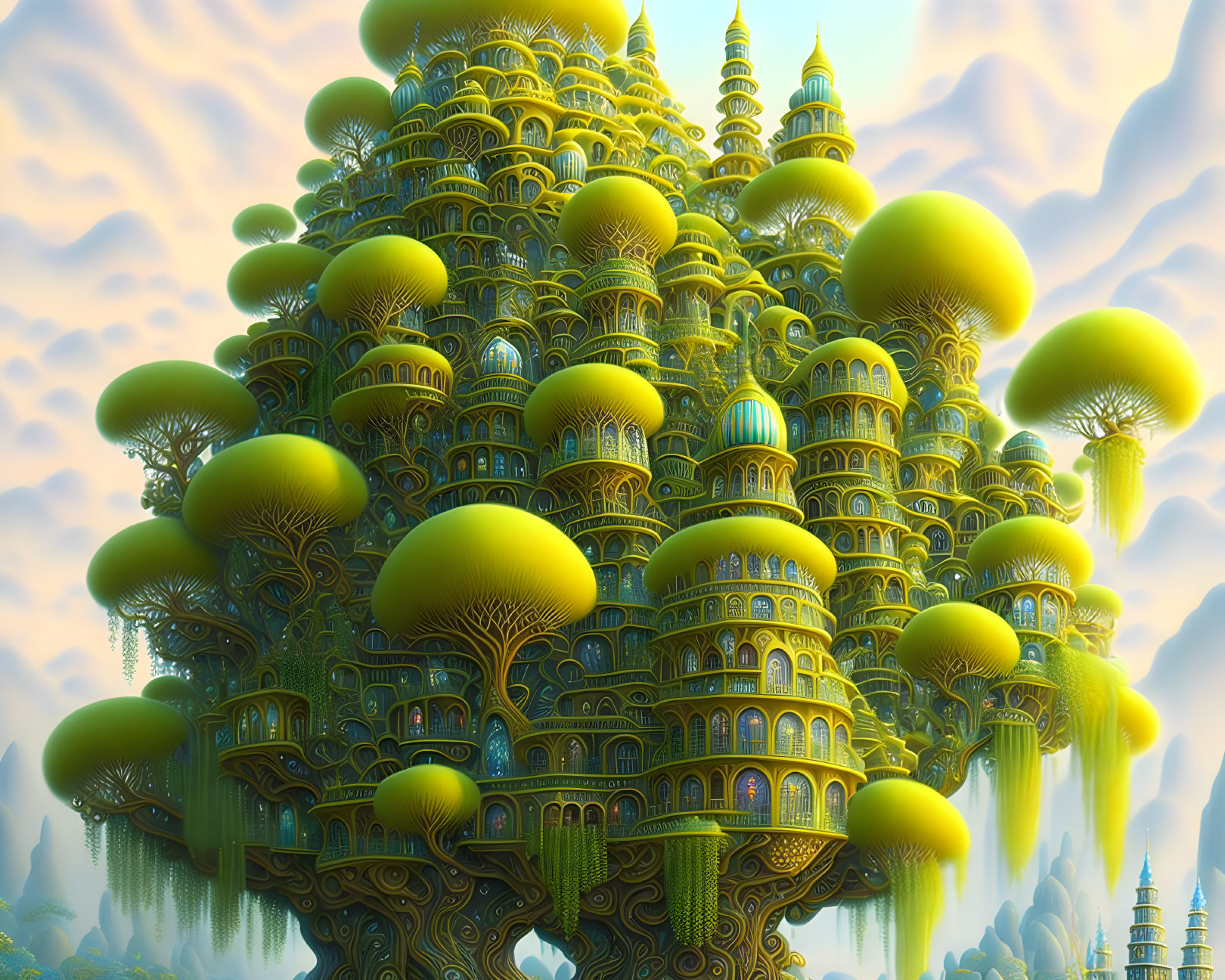 Intricate golden architecture in fantastical tree landscape