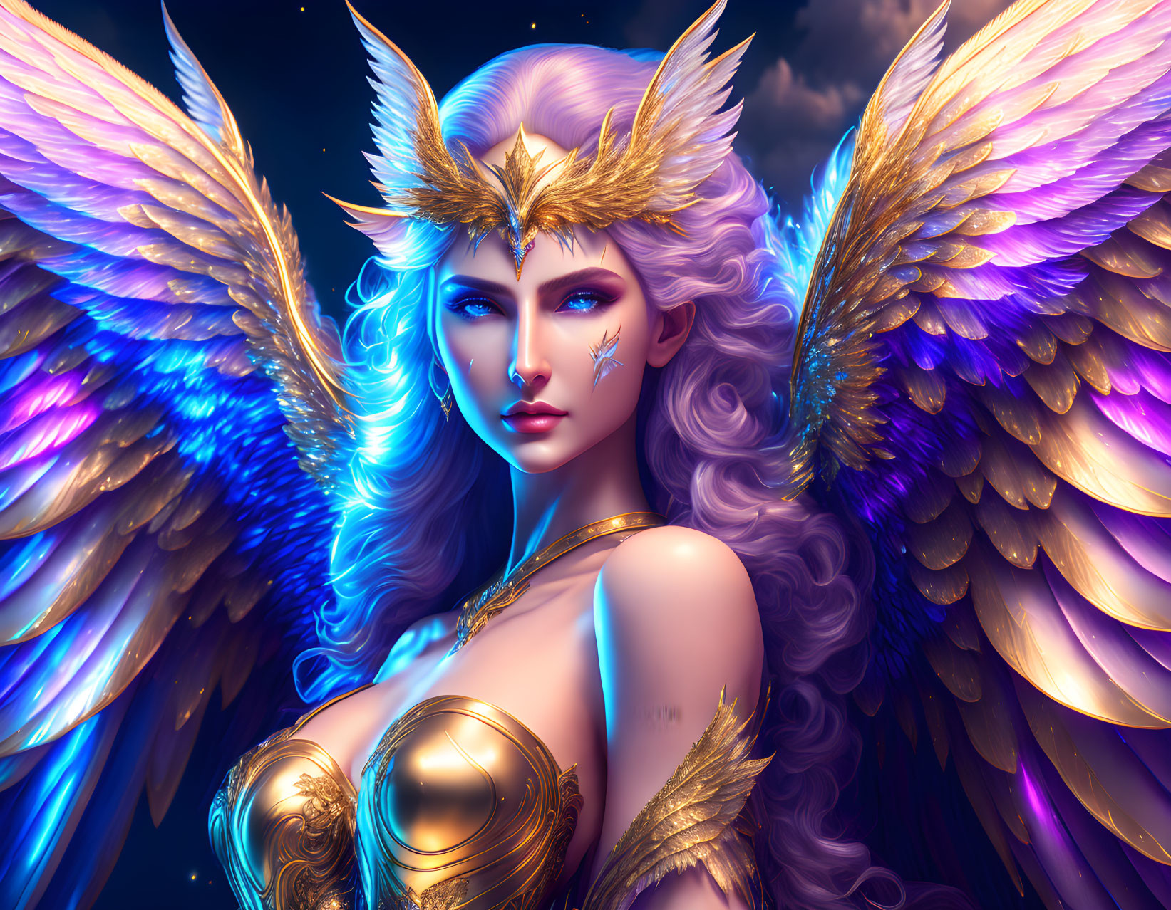 Majestic winged female figure in golden armor and crown on dark background