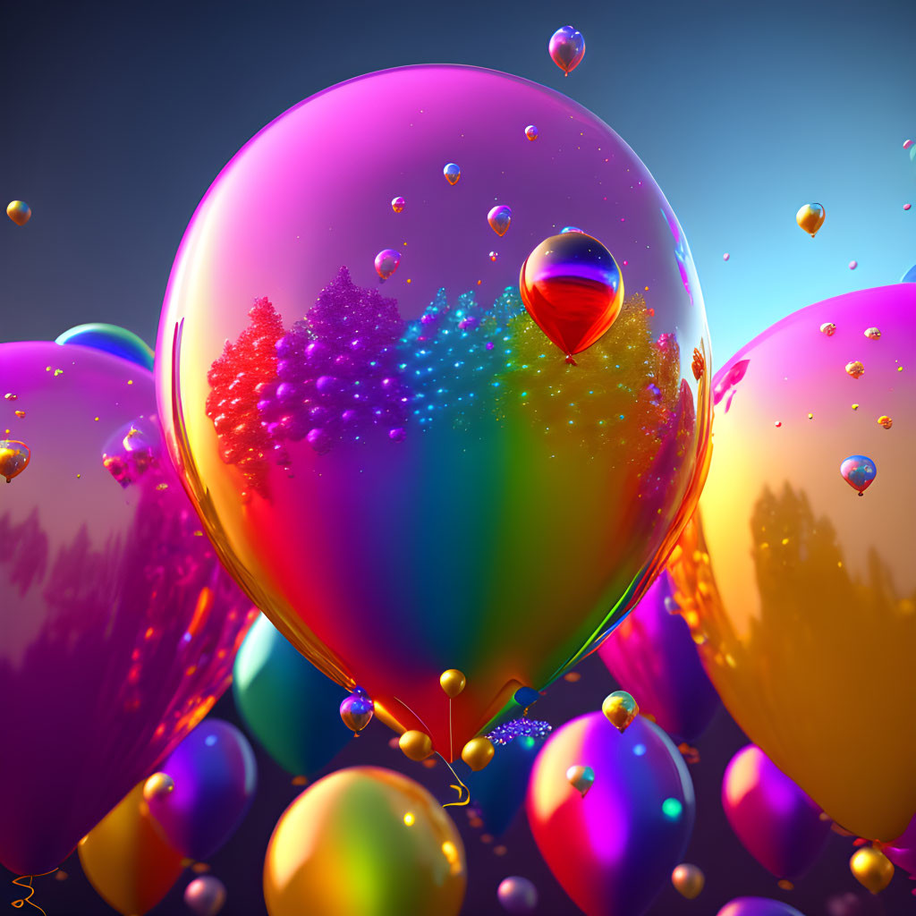 Colorful balloons with glossy rainbow gradients and water droplets on blue background