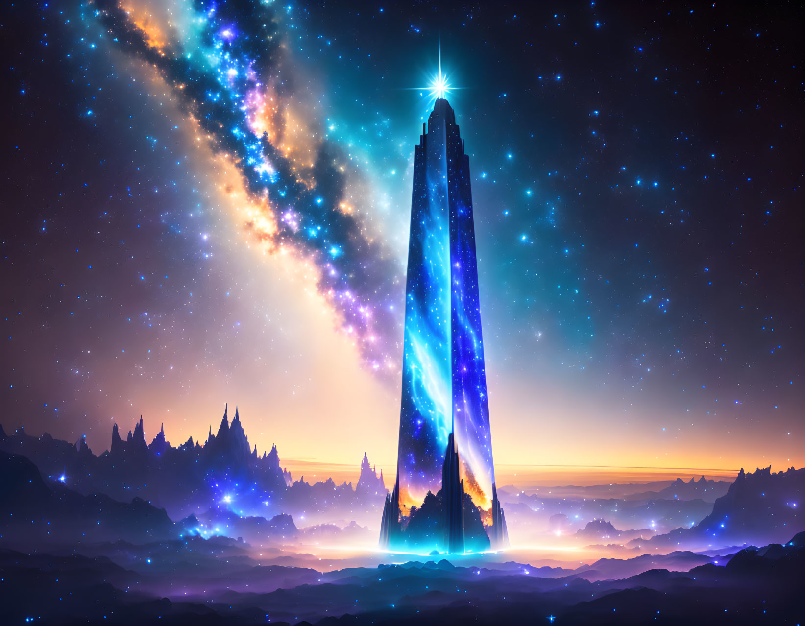 Giant Crystal Monolith Under Starry Sky