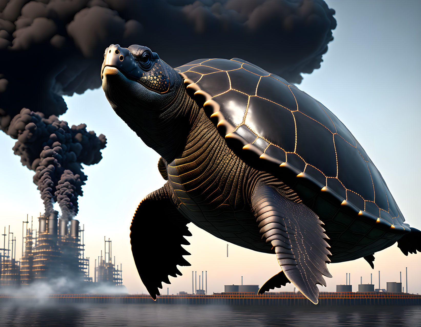 Sea turtle flying over polluted industrial landscape at twilight