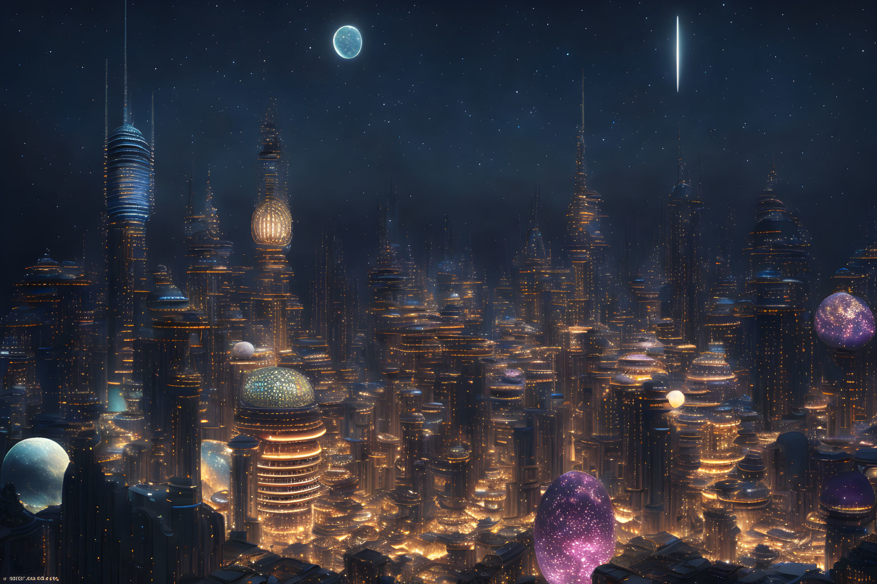 Futuristic night cityscape with illuminated skyscrapers and celestial bodies