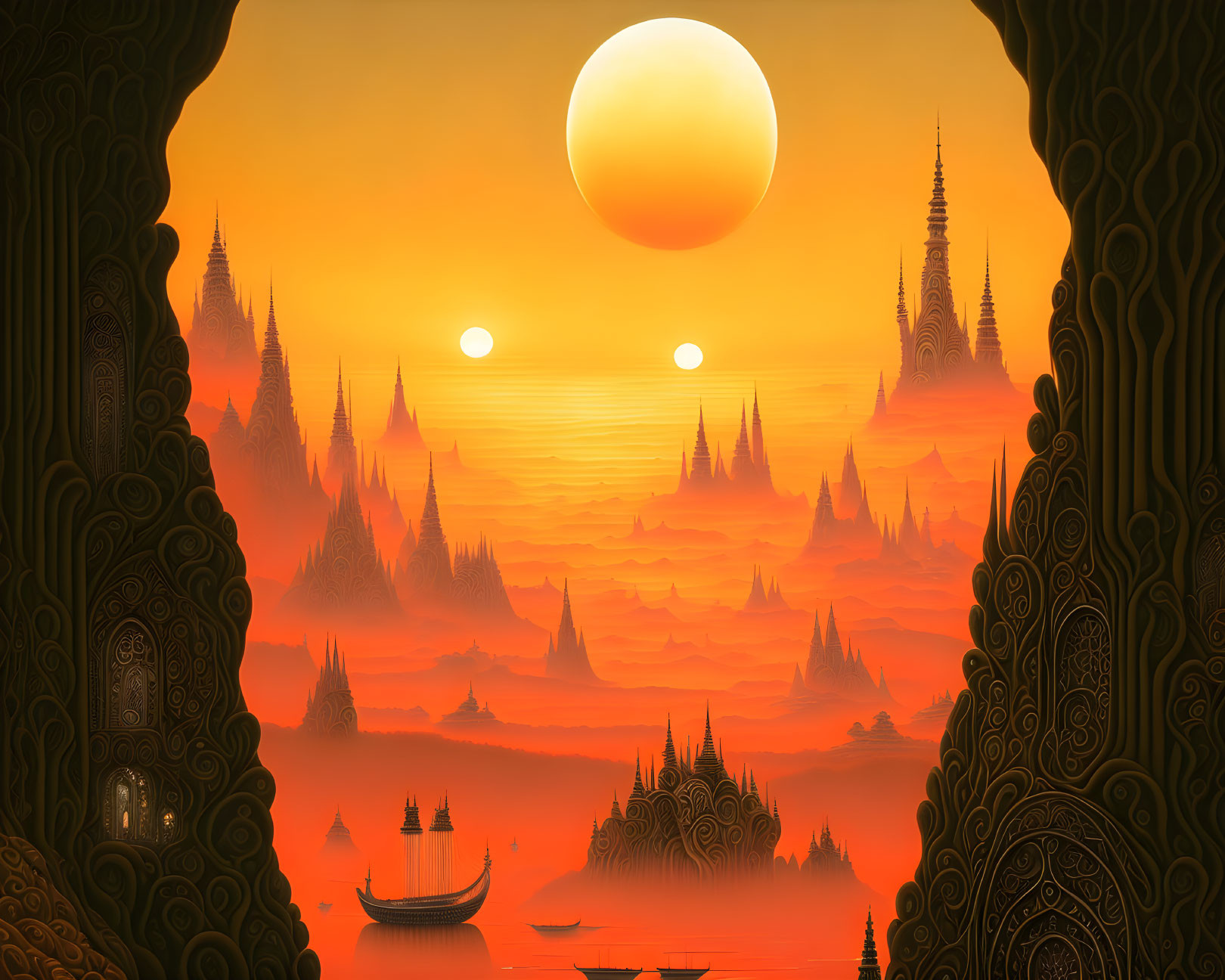 Surreal landscape with ornate arches, multiple suns, spired temples, and boats