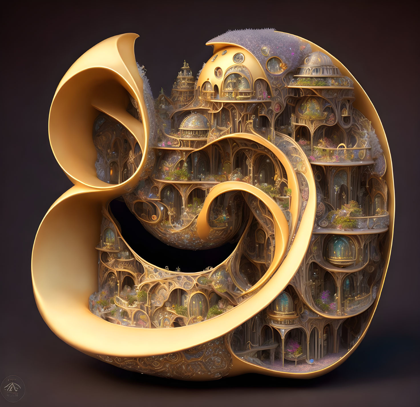 Golden fractal artwork: Intricate nautilus shell design