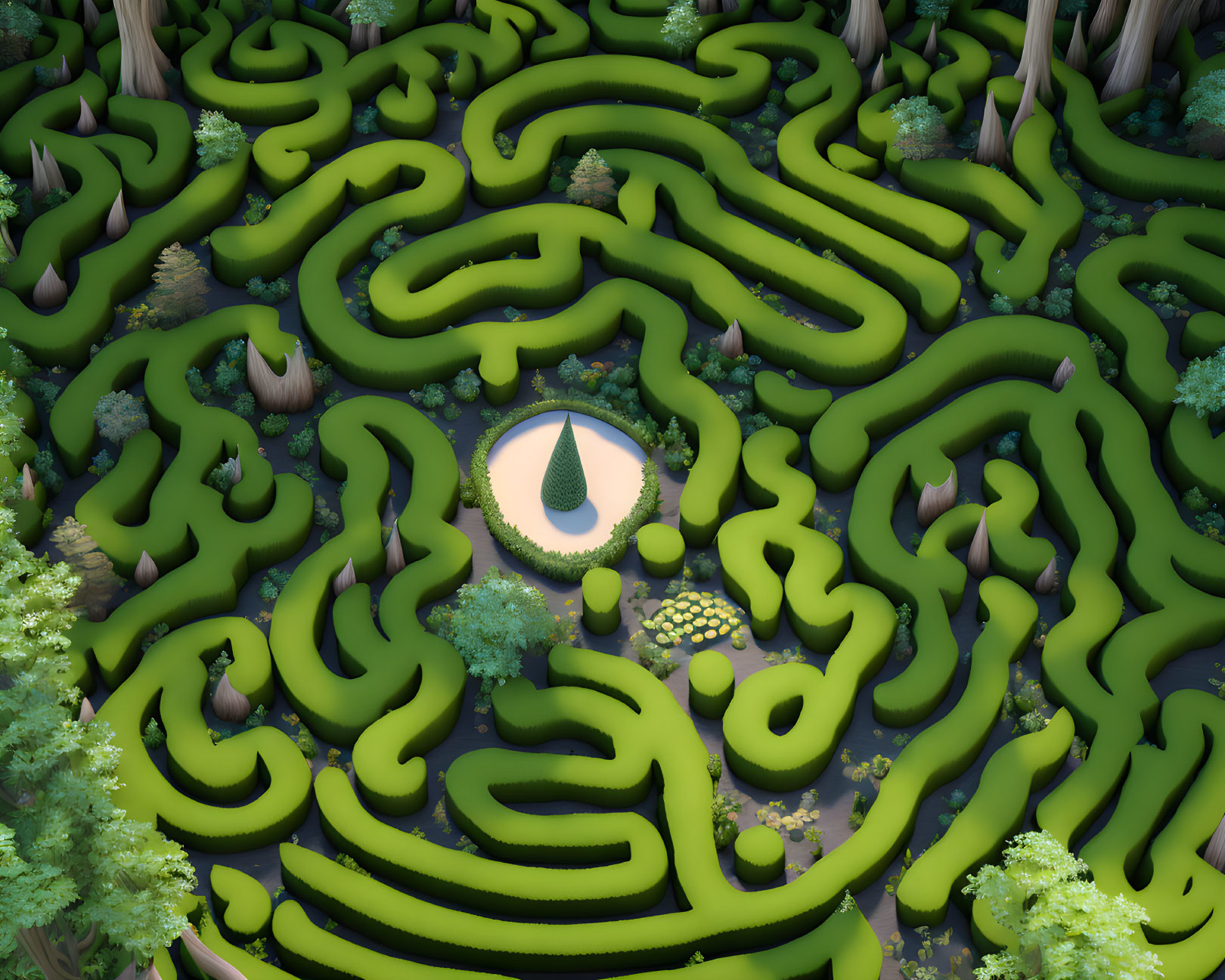 Circular Hedge Maze with Greenery and Tree Clearing