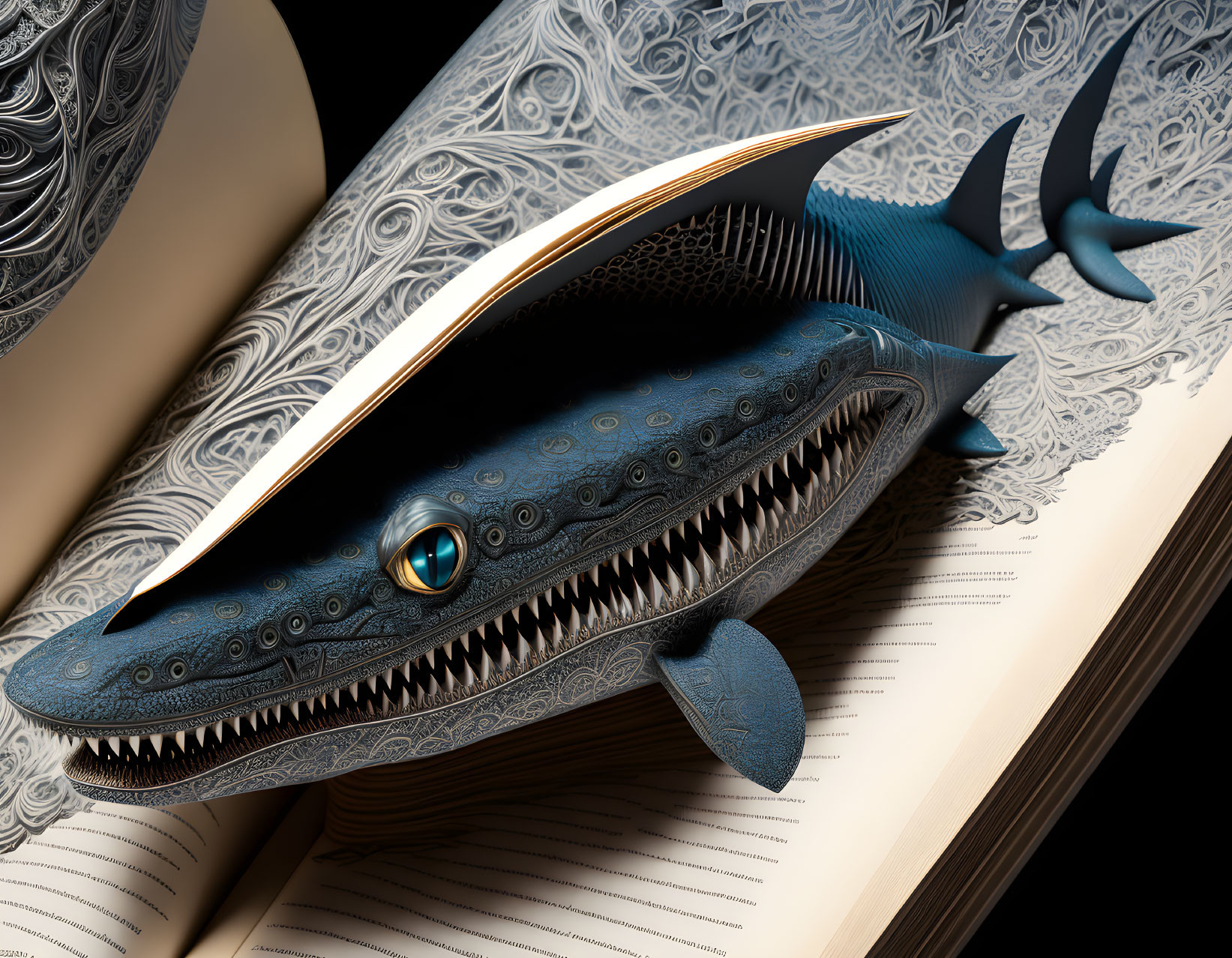 Intricate Blue Shark Sculpture in 3D Pop-Up Book