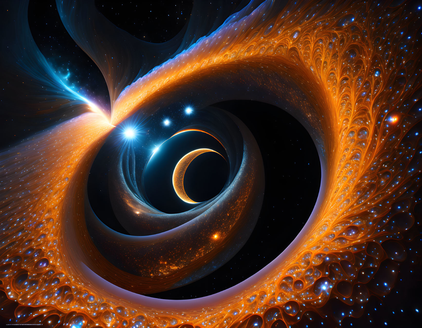 Vibrant cosmic fractal with swirling patterns and crescent shape