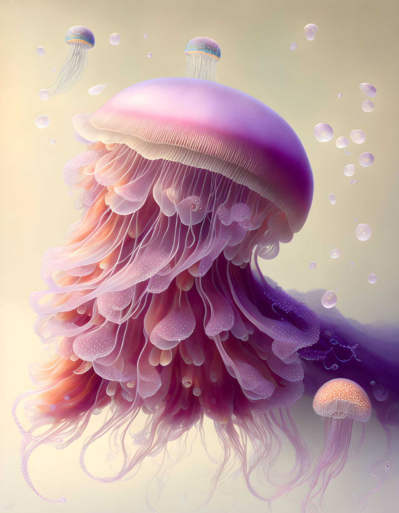 Vibrant digital jellyfish illustration with translucent tentacles.