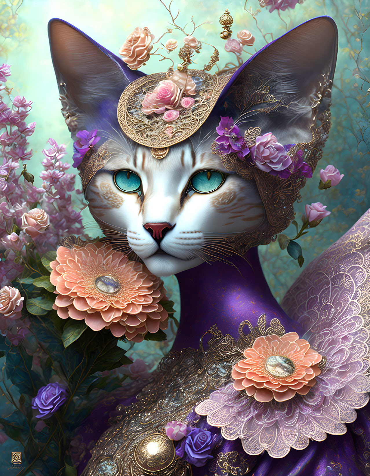 Regal anthropomorphic cat with crown and elegant attire against floral backdrop