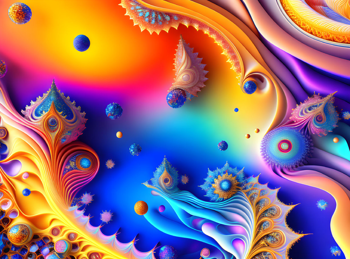 Colorful Abstract Fractal Art with Swirling Patterns and Floating Orbs