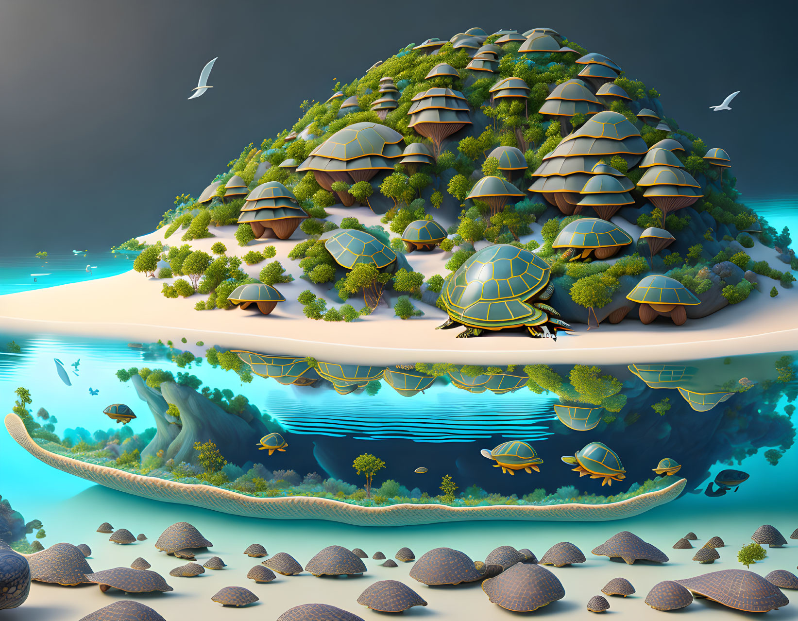 Turtle-shaped huts on island with clear blue ocean and wildlife.