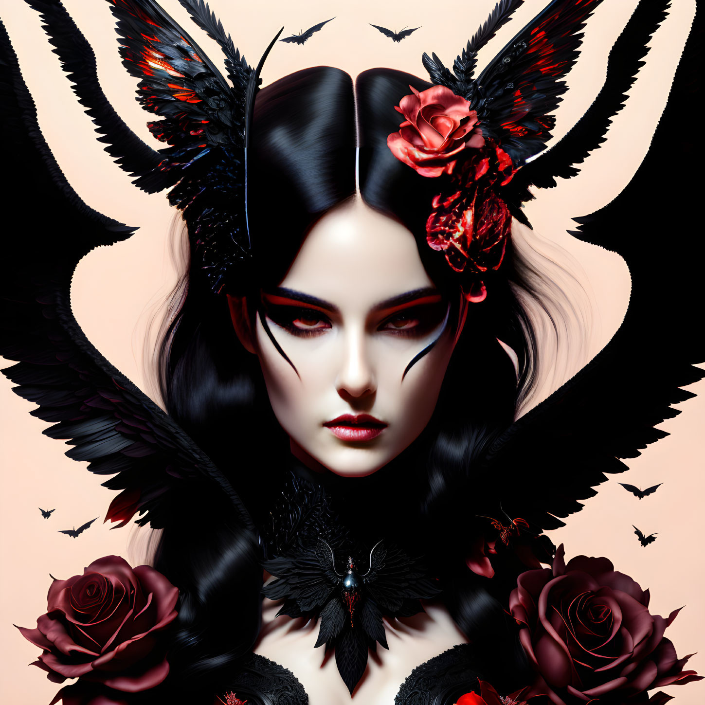 Woman with dark makeup, butterfly headpiece, black feathers, red roses, pink backdrop