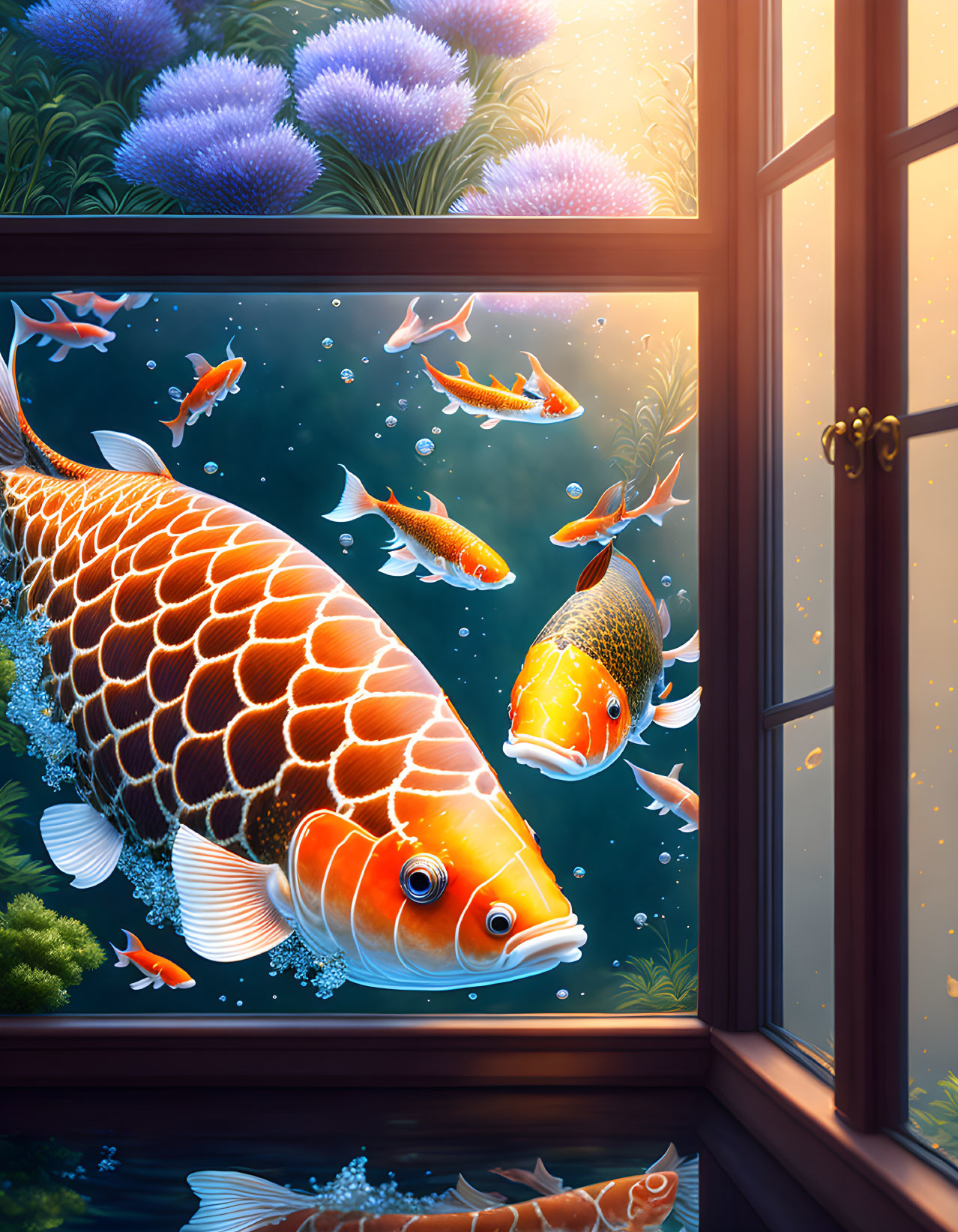 Colorful koi fish swim in sunlight near lush greenery.