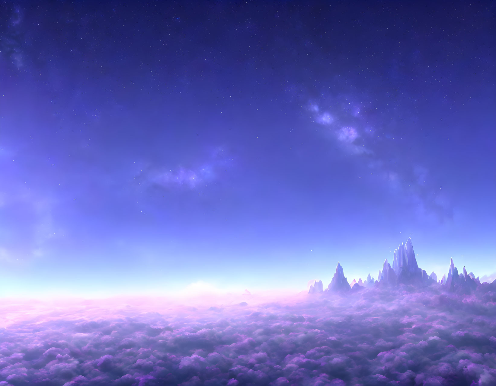 Fantasy landscape with starry sky, purple clouds, and icy peaks