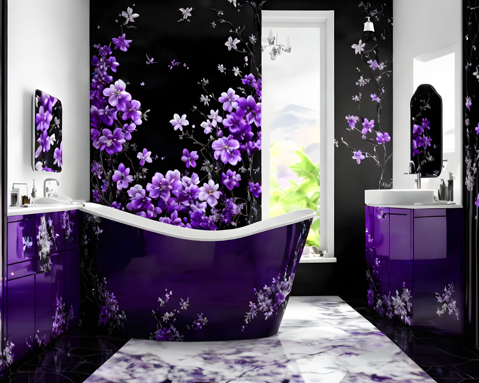 Luxurious Black Floral Motif Bathroom with Purple Accents