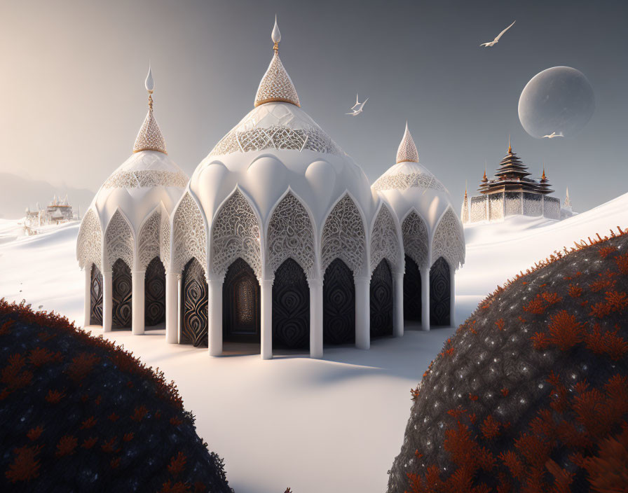 Fantasy white palace in snowy landscape with red-leafed bushes and distant temple.