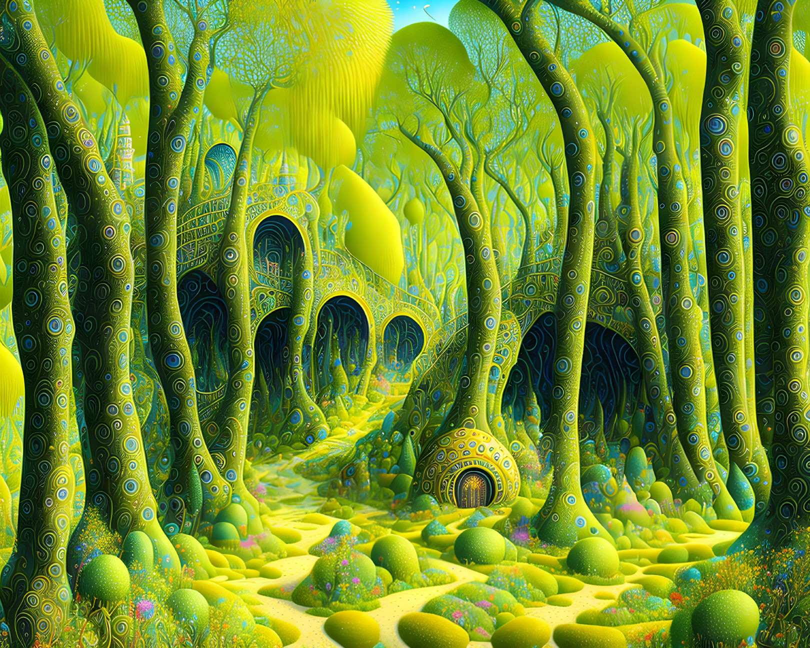 Surreal forest with intricate patterned trees in green and yellow