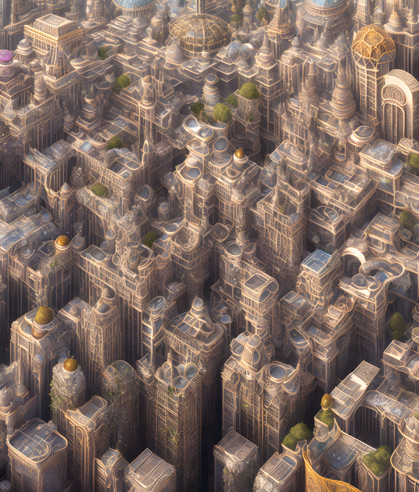 Futuristic golden-hued cityscape with intricate buildings