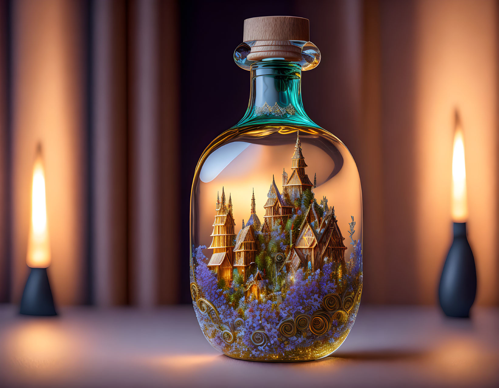 Fantasy landscape with castle in glass bottle, candles, and draped curtains