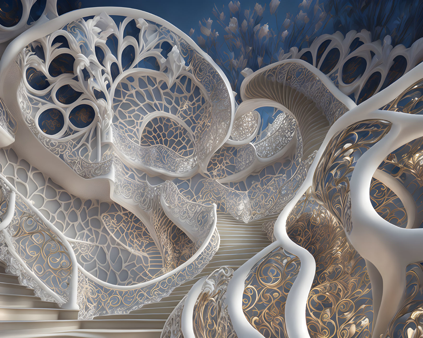 Detailed Fractal Design with Spiraling Lace-like Patterns