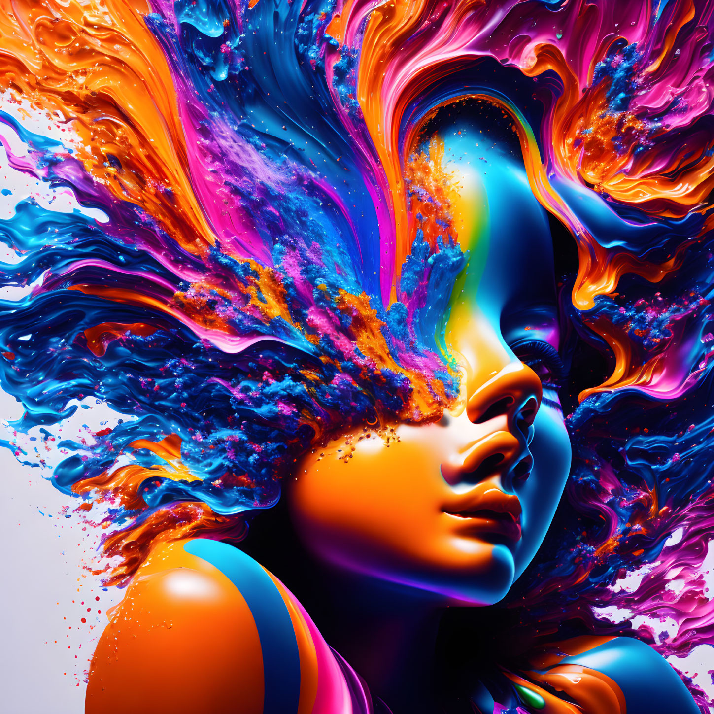 Colorful digital artwork: Woman's profile merges with flowing paint splashes