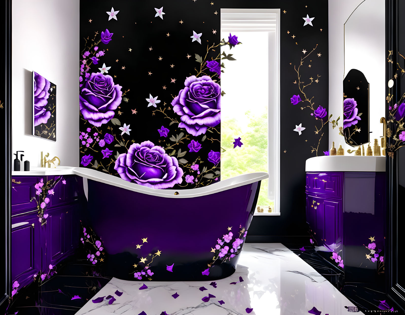 Opulent purple-themed bathroom with clawfoot tub, floral wallpaper, cabinets, and outdoor view