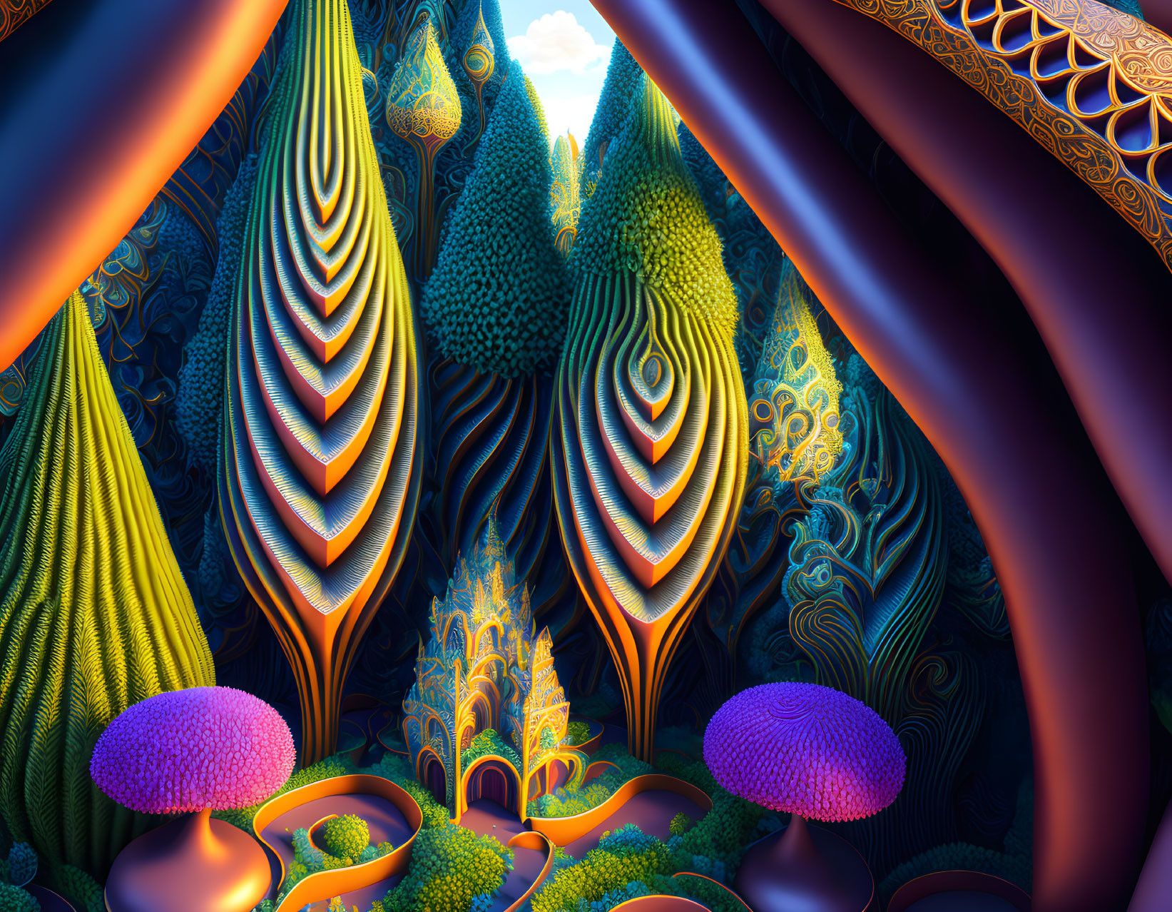 Surreal landscape with fractal patterns and mushroom-shaped structures