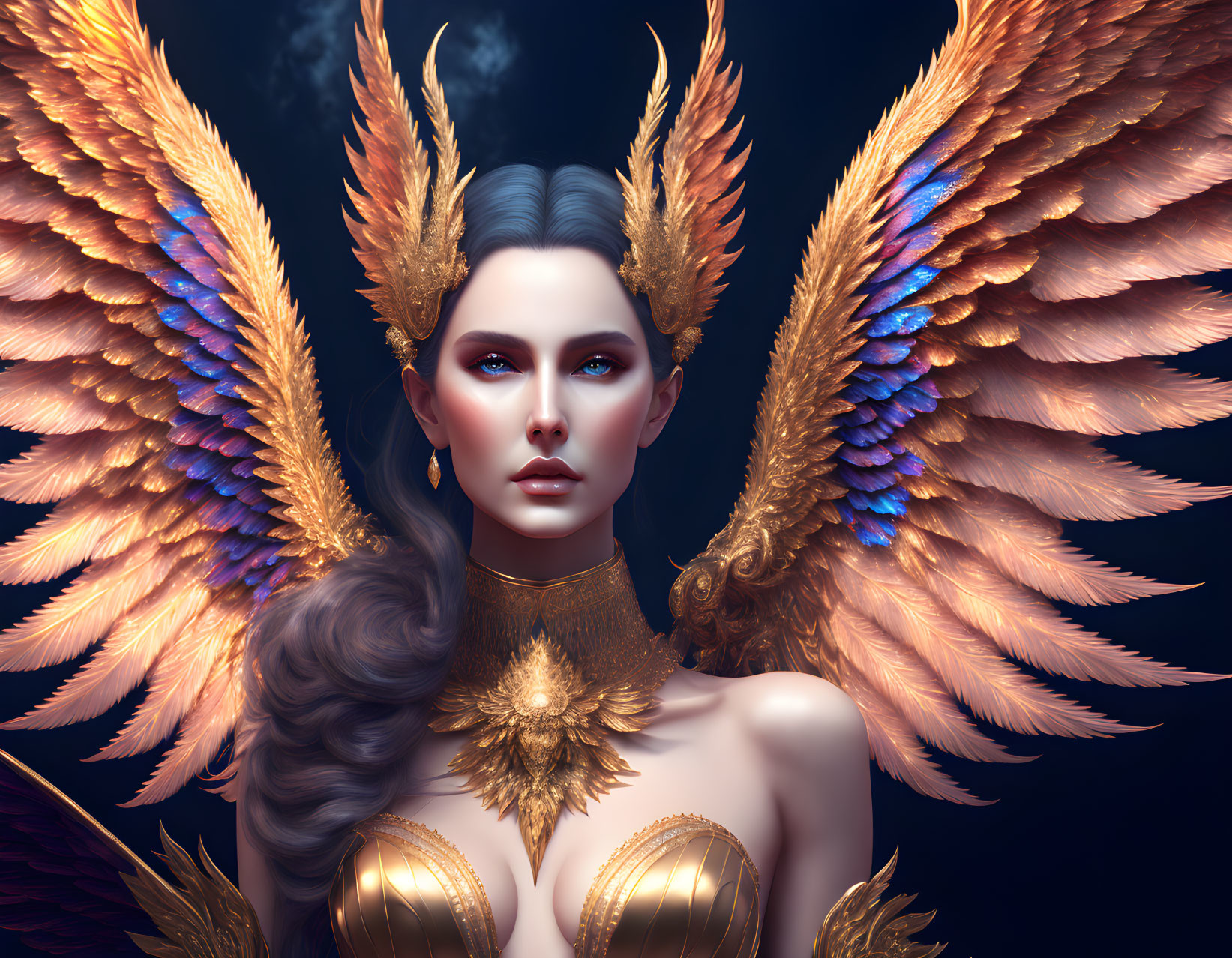 Regal woman digital art with golden wings and attire