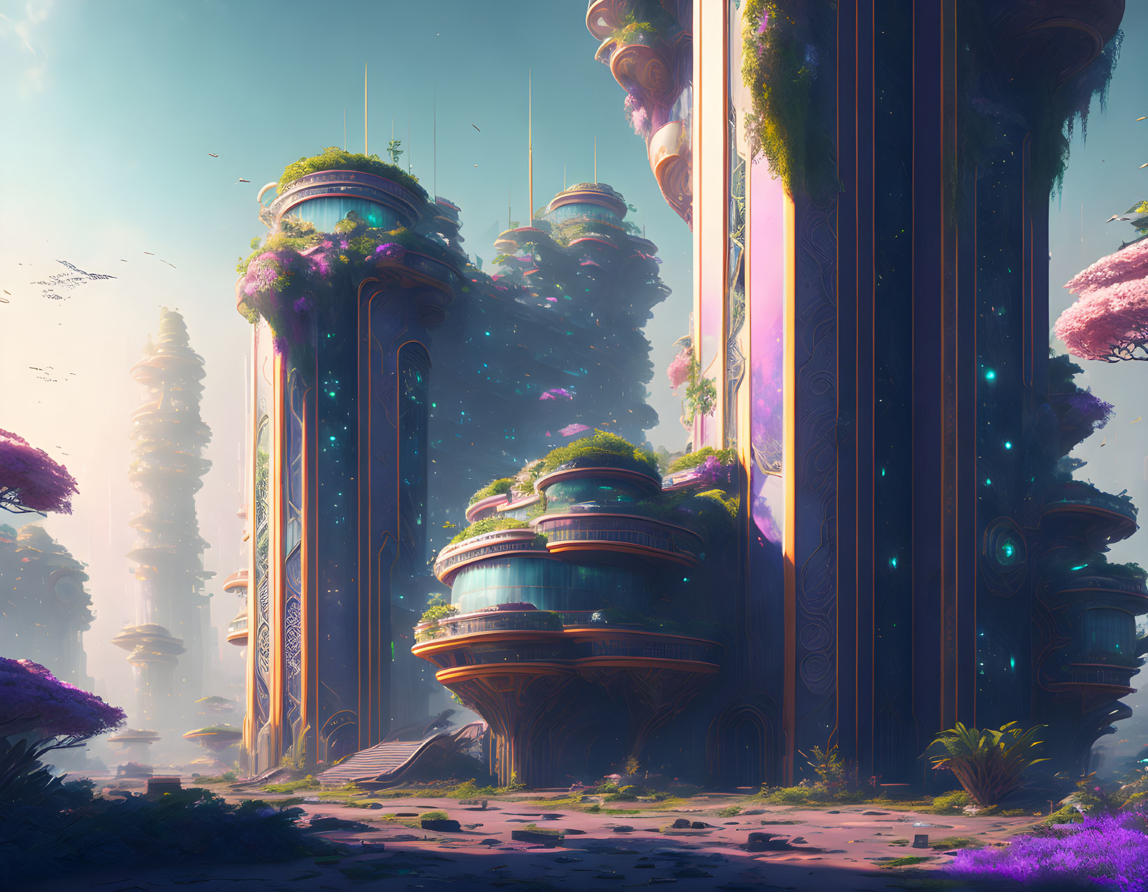 Futuristic cityscape with towering structures and pink foliage