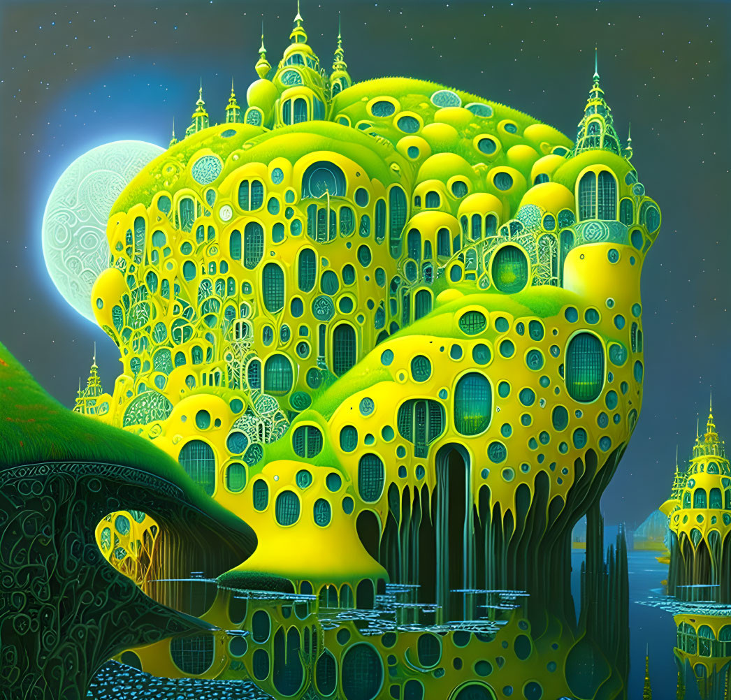 Fantasy landscape with glowing architecture under starry sky.