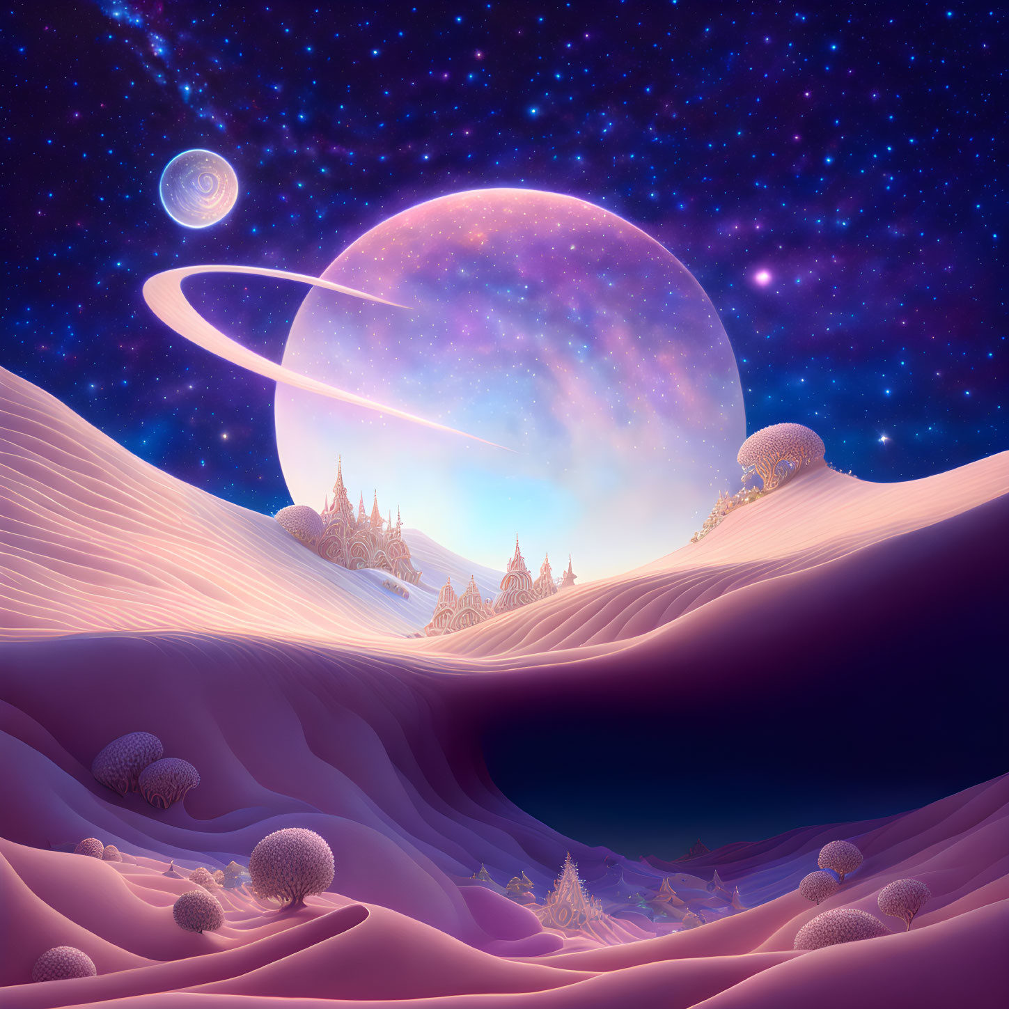 Fantasy landscape with ringed planet, starry sky, dunes, alien flora, and whims